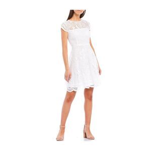 KENSIE Womens White Cap Sleeve Crew Neck Short Evening Fit + Flare Dress 10